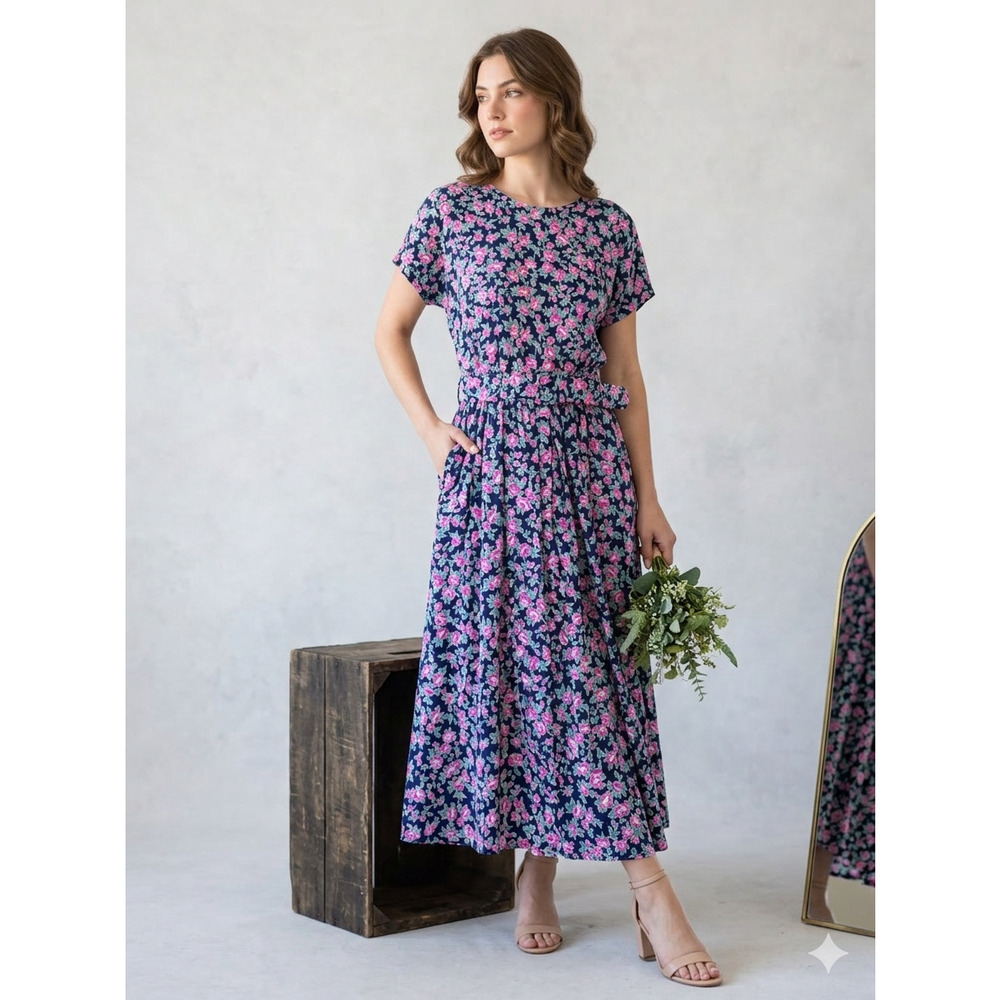 Paquette Too! Vintage 90s Floral Rayon Belted Midi Dress with Pockets 12